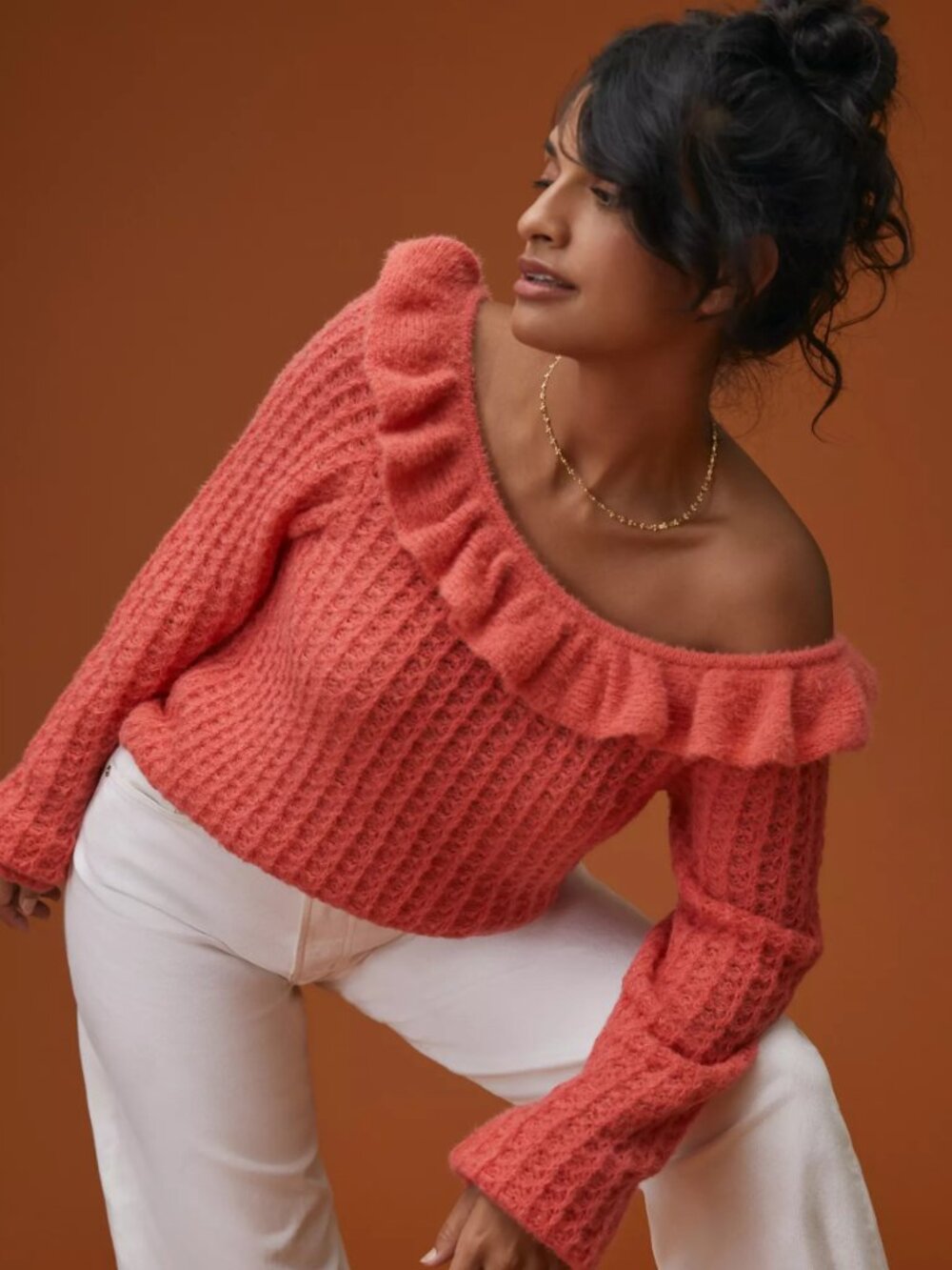 Anthropologie Coral Ruffle Boat Neck Wool Blend Sweater L